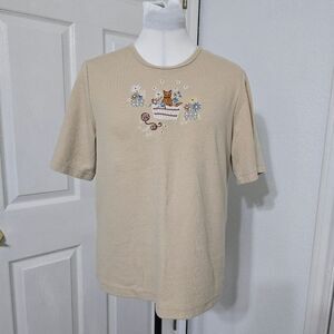 VTG 90s Teddi Beige Embroidered Cat T-Shirt Top Women's XL Cute Kawaii Graphic
